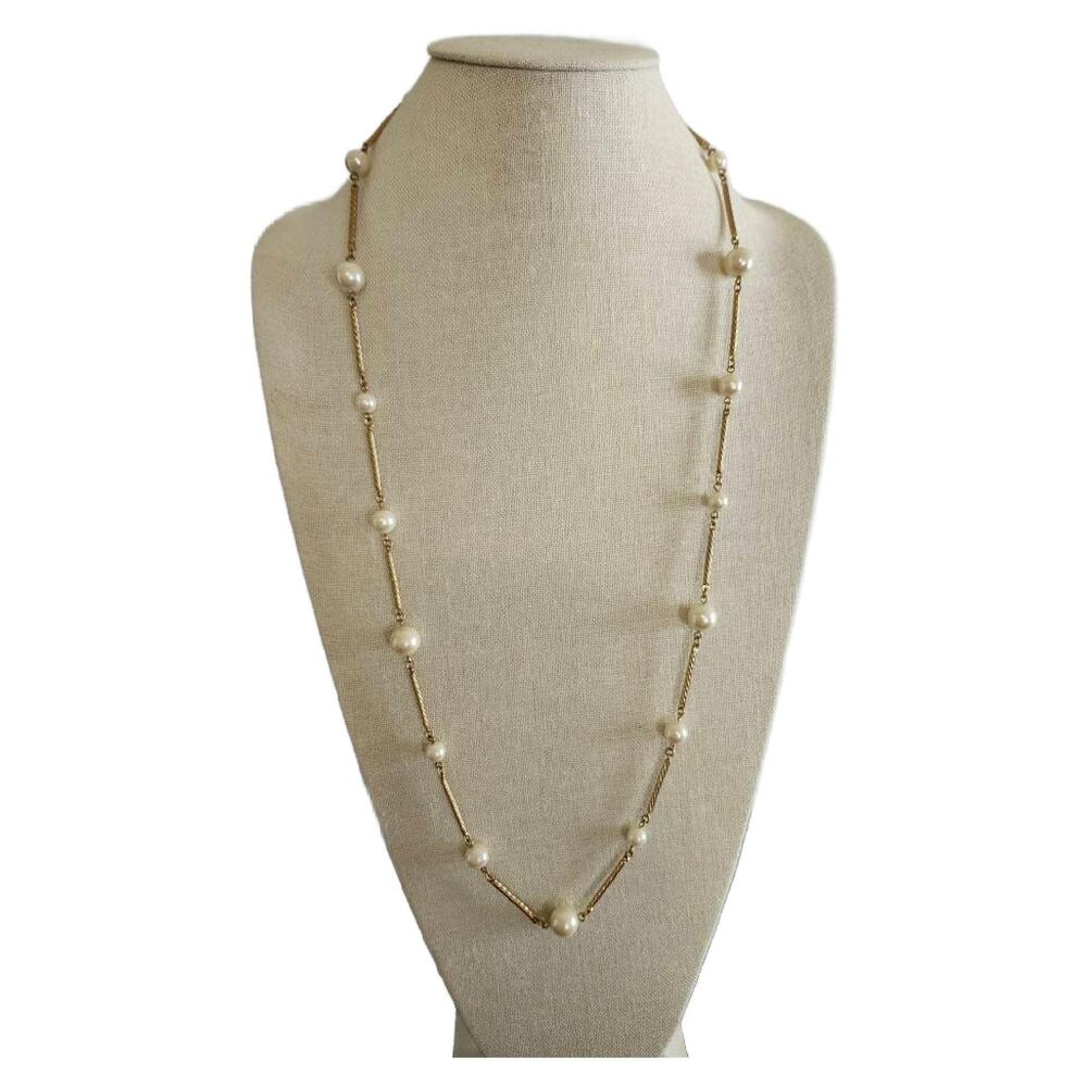 Vintage Avon Station Necklace Faux Pearl with Gold Tone Twisted Bar Links